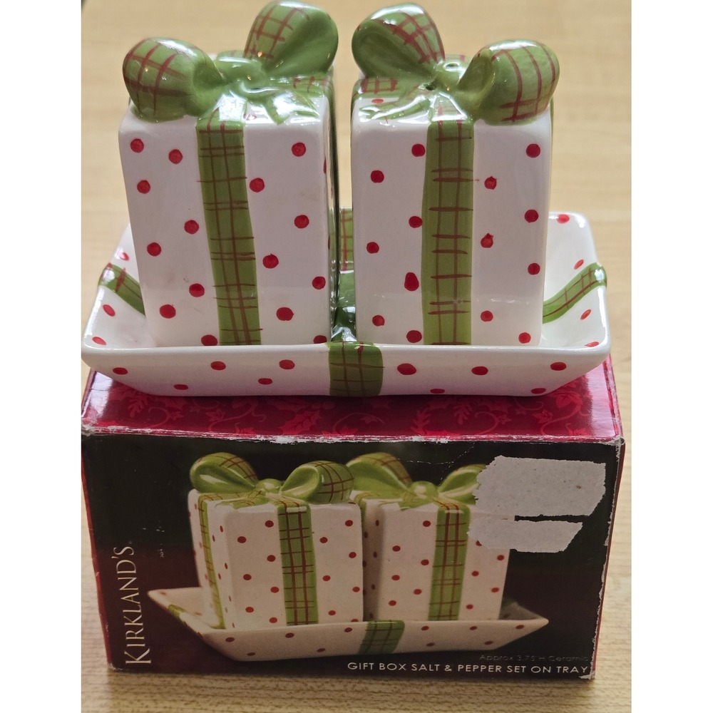 Kirklands Christmas Gift Box Salt Pepper Shaker Set with Tray Ceramic NEW